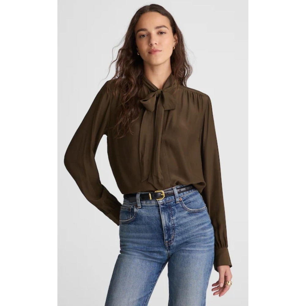 Madewell Tie-Neck Long-Sleeve Top Dark Mocha Brown Blouse Autumn Boho